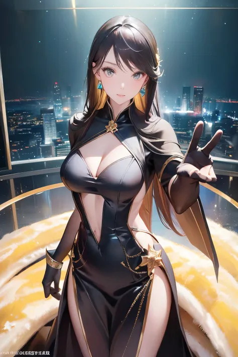  help me generate a picture： realistic photo ， A royal agent in a black mesh transparent mermaid dress ， perfect body ， Alone ，(cute，Sexy，Cold)Combines ，Hand-held props（biabiabia）， with gloves ， to pose a fighting posture against a city background 。 photor...