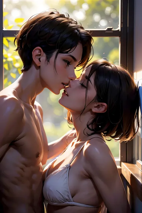 Young boy shirtless kissing and making out passionately with a woman wearing a saree leaning on windowsill, natural light, intense and intimate, lustful