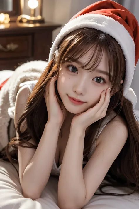 winter night, lying down on the bed, a girl dressed as Santa Claus hat, lots of gift boxes, fidgeting, with a shy smile, blushing, wavy long length hair, pale orange and brown hair, pompadour hairstyle, twisted bangs, beautiful white-colored translucent sk...