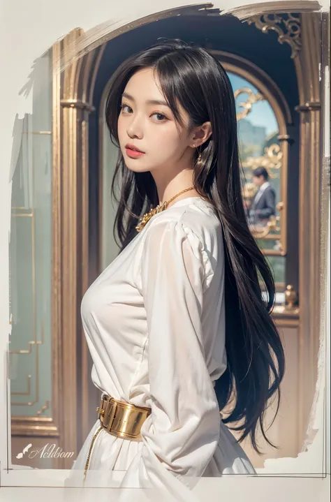 Beautiful Asian woman, white dress, gold belt, gold gilded doorframe 