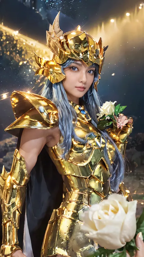 ((( a mole under the outer corner of your left eye))),(( 1 woman ))) ((Beautiful woman like a goddess)), ((( Sparkling golden metal armor ))), Ultra realistic photo shoot with cutting-edge details, Greek ruins in the background,Saint Seiya Armor, (((Cance...