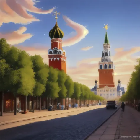 arafed view of a city with a clock tower and a clock tower, a matte painting inspired by Vasily Surikov, tumblr, socialist realism, moscow, red square moscow, russian city, russian architecture, red square, beautiful russia of the future, russia, street of...