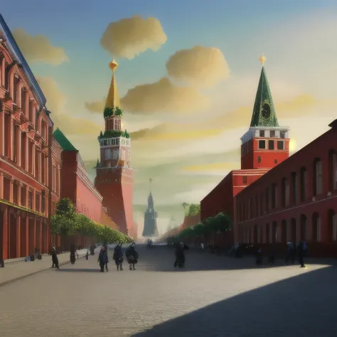 arafed view of a city with a clock tower and a clock tower, a matte painting inspired by Vasily Surikov, tumblr, socialist realism, moscow, red square moscow, russian city, russian architecture, red square, beautiful russia of the future, russia, street of...