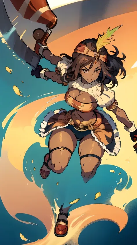 masterpiece, best quality, ff9lani, dark skin, bandana, feather hair ornament, turtleneck, cleavage, puffy sleeves, bandeau, ((red overskirt)), short shorts, gloves, large breasts, evil smirk, angry, from side, village, blue sky (thick thighs:1.6) ((wide h...