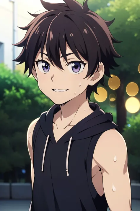 Highres, Masterpiece, Best quality at best,Best Quality,hight quality, hight detailed, 1boy, Shota, messy hair, sweat, upper body, Depth of field, Anime Screencap Style, Sleeveless hodie, Looks like an cheerful boy, Seen from front, look good boy, Cute boy...