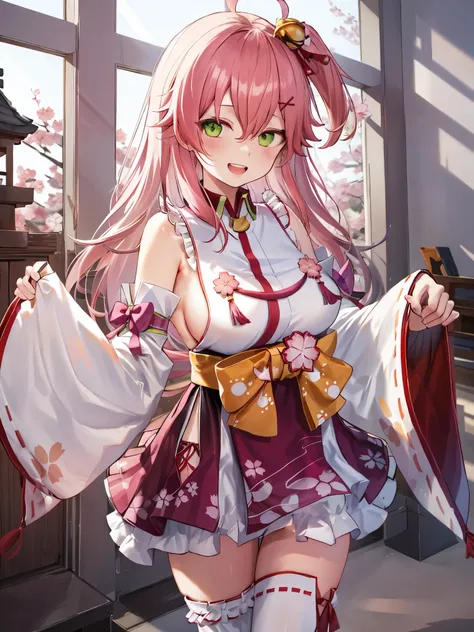 masterpiece, best quality, highres, miko1, sakura_miko, 1girl, big_boobs, solo, ahoge, x_hair_ornament, light_red_hair, floral print, hairclip,(side_less_clothes:1.5), (side_boobs:1.5), hair_bell, floral print, long_hair, hair between eyes, one side up, wh...