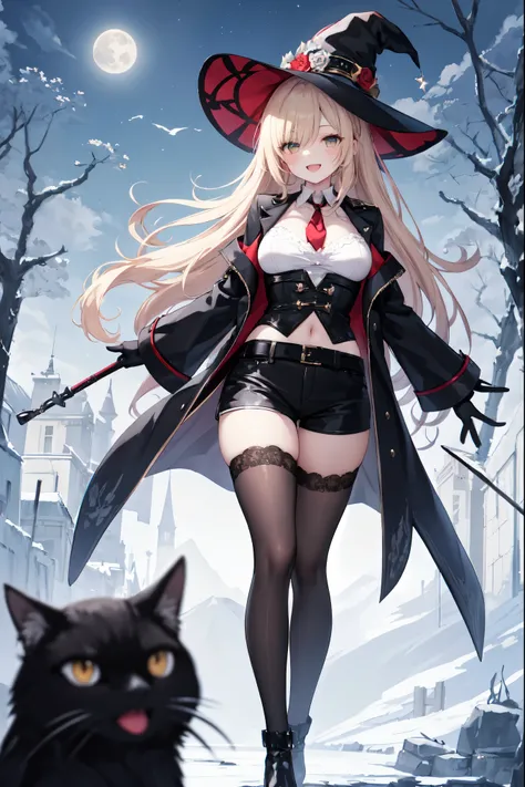 best quality, integrated scenery, integrated background, extremely delicate and beautiful, meticulous details, good composition, , cute face, perfect face, perfect hands,masterpiece, best quality, witch hat, black gloves, thighhighs, looking at viewer, smi...