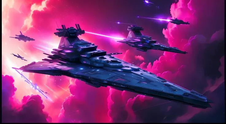 spaceships flying in the sky with a pink sky background, star destroyers, stardestroyer in the background, star destroyer, imperial star destroyer, star wars space battle, the fall of the galactic empire, star ships, imperial military, space opera and dyst...