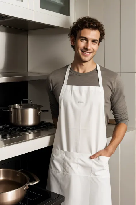 Roma man, ((short brown curly hair)), cooking at the kitchen, wearing apron, kitchen view, smirk