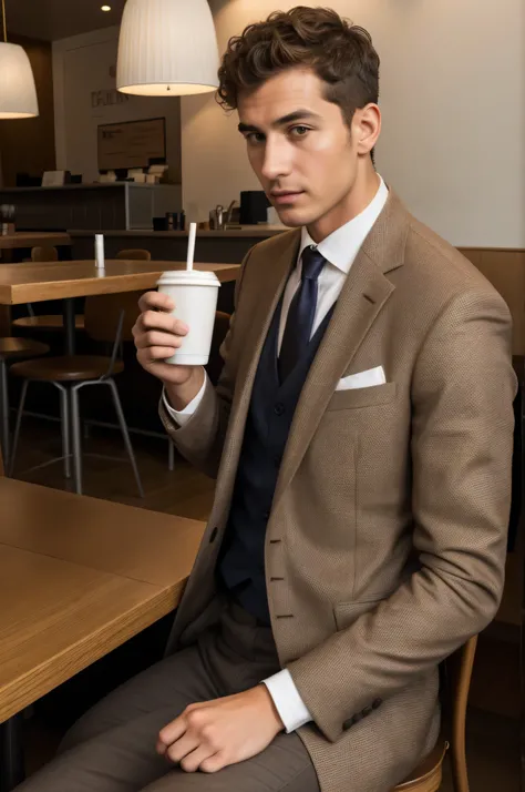 Roma man, ((short brown curly hair)), drinking coffee in the cafe, wearing suit, cafe view