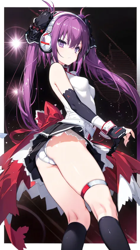 ((masterpiece,  top quality )),  One girl , mizushiro celica,  purple eyes, Purple Hair,  twin tails,  white shirt, Separate sleeves,  headphones,  fingerless gloves crawling all over a womans body, black skirt 、 punch、whole body、 white knee socks、 lower a...