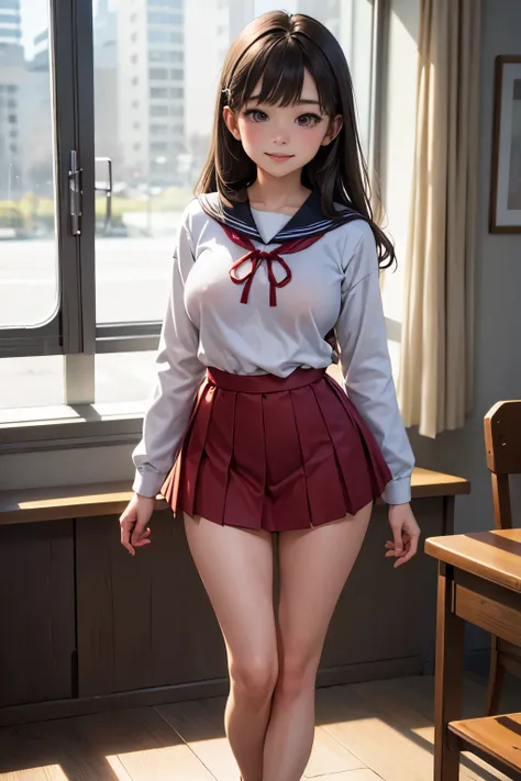 Perfect composition, Proper placement, Golden Ratio, masterpiece,  best quality,  high definition ,  one  Girl,  Cute  Woman, full body focus, full body shot, view the viewer, smiling, standing,  Wearing a Japanese High School Sailor Suit:1.331, Winter lon...