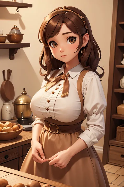 (Masterpiece, Best quality, Beautiful, Aesthetic, Delicate, Intricate, villager girl, (massive breasts), fantasy village, npc character, innkeeper girl, brown hair, brown dress, white silk shirt