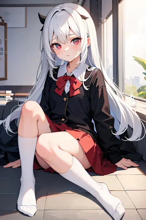 Loli（135cm），White hair， long hair，Red pupil，School Uniform， white socks