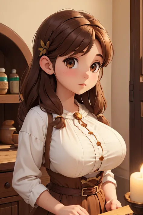 (Masterpiece, Best quality, Beautiful, Aesthetic, Delicate, Intricate, villager girl, (massive breasts), fantasy village, npc character, innkeeper girl, brown hair, brown dress, white silk shirt