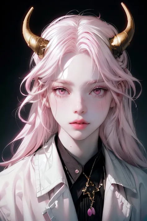 Boy, albino, (((albinism skin))), freckles on the face, ((((pink eyes)))), pink lips, white eyebrows, long white eyelashes, wearing a loose white jacket, golden demon horns on the head, long white hair, side bangs, best quality work, master piece, 16k, UHD...