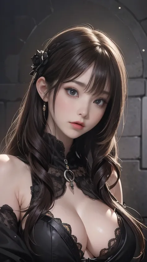 ( top quality ,4K,8k, High Definition ,masterpiece:1.2), very detailed,( realistic ,photo realistic ,photo- realistic :1.37), close-up of a dark-haired woman in a black dress, Dark Eyes,Ominous smile,((((Big Breasts))))、(((( Dark Fantasy Portraits ))))、(Fa...