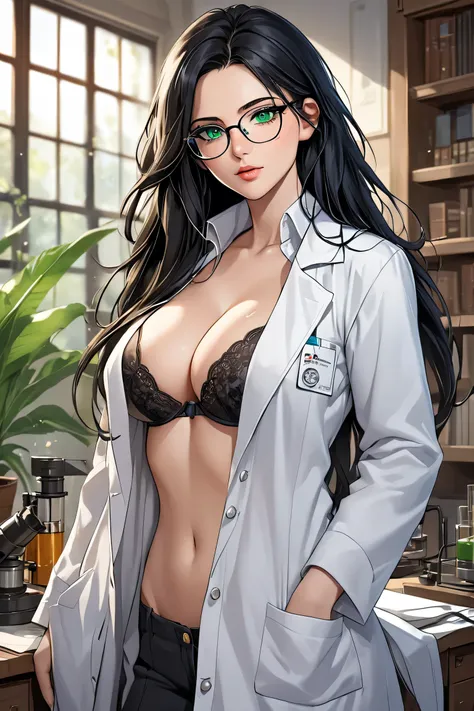  (masterpiece,  best quality, 8k,  high definition ), whole body,  1 girl ,  messy long black hair, Mid-chest,  green Eyes ,  soft lips , Beautiful face,  wearing glasses, open lab coat, shirt unbuttoned to show cleavage and bra, sexy pose,  eccentric scie...