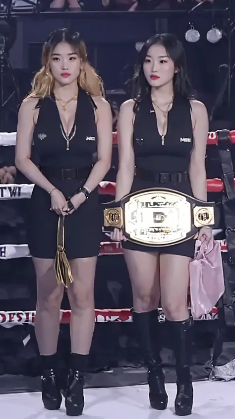 two women in black dresses standing next to each other in a boxing ring, gold belt, huge belt, big belt, her hand is on her waist, very sweaty, holding a pair of fans. unreal 5, world championship fight, her belly button is exposed, fighters, ayami kojima ...