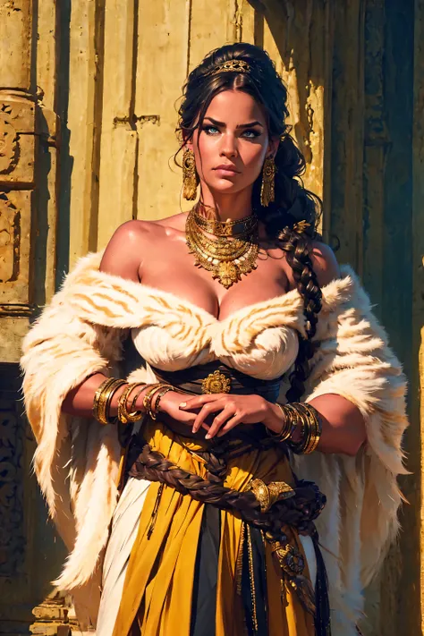 A digitally drawn illustration depicting an epic fantasy scene, featuring a sexy, busty, alluring female warrior, (light skin), (exposed cleavage, showing cleavage) in the foreground, slightly to the right of center. She has long brown hair flowing gracefu...