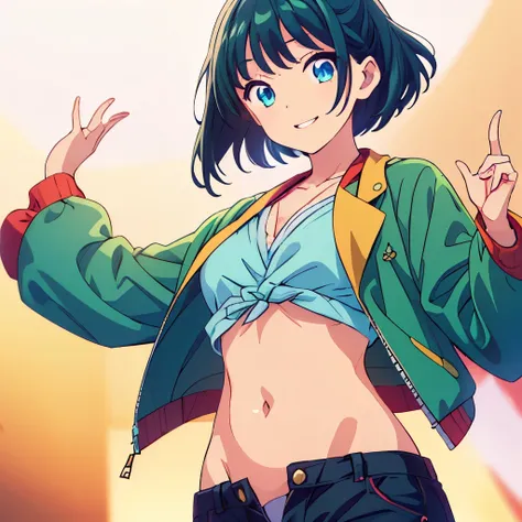 (( top quality )), ((masterpiece)), (  Details), smile, One girl ,perfect hand, perfect eyes,Glowing Skin, black hair,Inner hair ,Inner color green, bob hair,Side cut, belly button out, SHORTS, jacket, bust up,