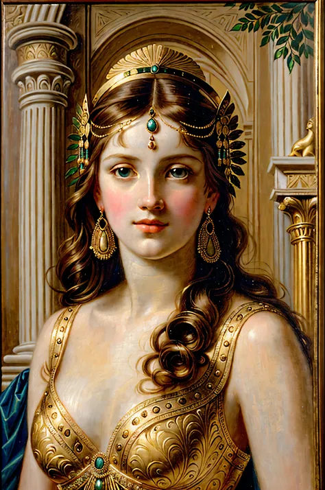 painting of a woman in a gold dress with a gold headpiece, portrait of a beautiful goddess, portrait of helen of troy, portrait of megara, portrait of a goddess, a stunning portrait of a goddess, goddess portrait, inspired by Alexandre Cabanel, neoclassica...