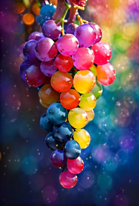 (masterpiece, best quality, high resolution), detailed, Painterly, Rainbow colored grapes, surreal, vibrant glow, bokeh, 8k, UHD, realistic, colorful, depth of field, digital art,