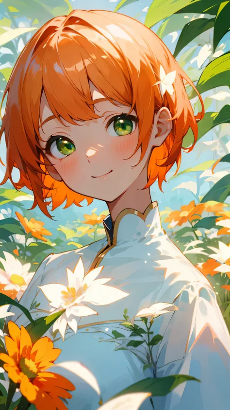 （ top quality 、masterpiece、 surreal）、 portrait of a beautiful delicate girl 、Playful and cute、Petals fluttering in the background、 shiny orange hair、 Shorthair、beautiful green eyes 、smile、