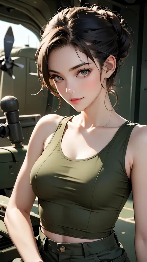 ((Highest quality)), Portrait of a Beautiful Womans Upper Body, (Wearing an olive drab half tank top and cargo pants), military boots , (military style), (military movie scene), ((She is at an Army helicopter base in the war zone)), (Military helicopter CH...