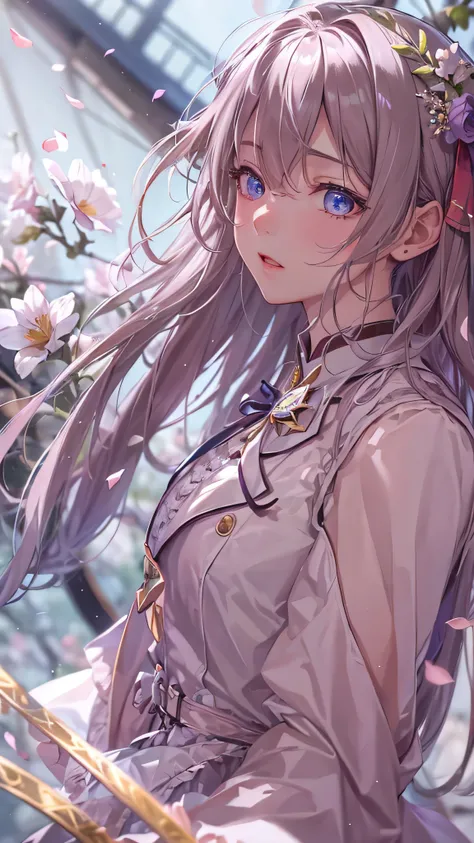 ( dynamic angle :1.3),  extreme close-up,The wind of the center,Cinematic highlights, 1 person of girl,Body, dancing, Watch viewers, violet_ evergarden , alone, gem, blank eye,brooch, ofhair ,( vevry long hair:1.2),floating hairlong, ofribbon, green_eye,  ...