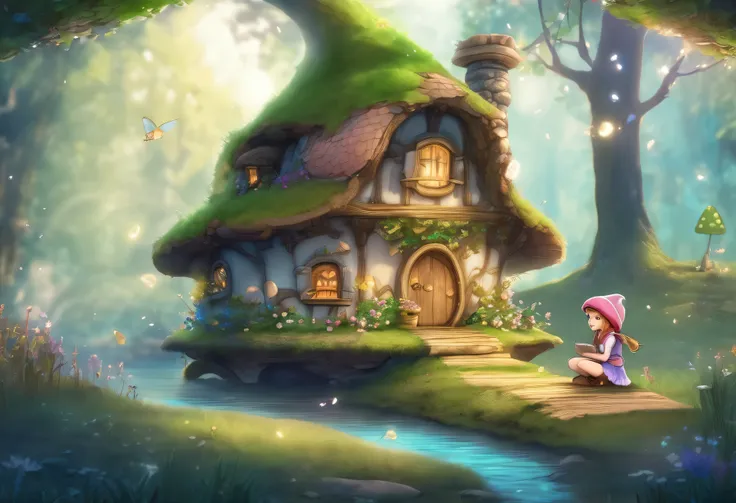 Drawing of a cute girl gnome sitting on a log in front of a mushroom house, little fairy Tinkerbell flying around with sparkles illustration for a story by Arthur Pan, pixiv, fantasy art, magical village, bustling magical town, medieval fantasy town, fairy...