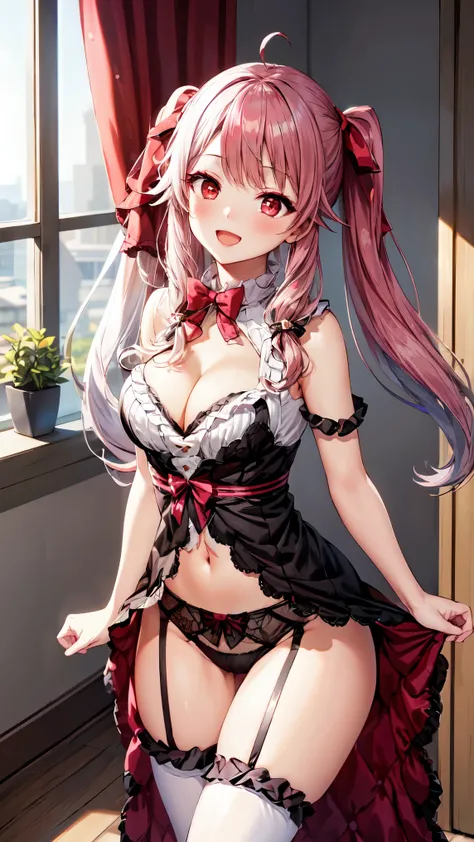  masterpiece  , best quality ,  high resolution , (1 girl alone:1.38) , (Rena Yorumi,  long hair , ( red eyes :1.5), ahoge, straight hair,) , ( cleavage:1.2) , (medium breast:1.28) , ( wearing black lingerie  , wearing garter belts and socks ) , ( arms at ...