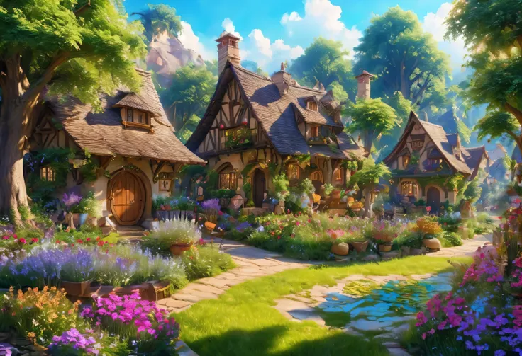 A painting of a sparkly fairy sitting on a log in front of a house, magical village, bustling magical town, medieval fantasy town, fairy tale painting, fairy tale artwork, fantasy town, fantasy matte painting, cute, fairy tale places, beautiful renderings ...