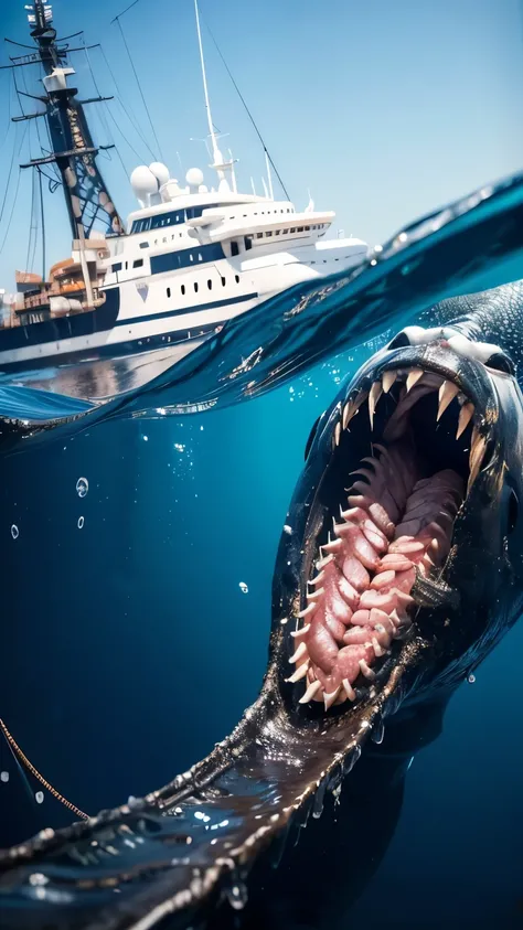 A surreal and horrifying daytime scene aboard a large sea fishing ship in the middle of the ocean, captured in hyper-realistic detail as if taken with an iPhone. The ship’s crane hoists a massive fishing net containing a grotesque, nightmarish creature. Th...