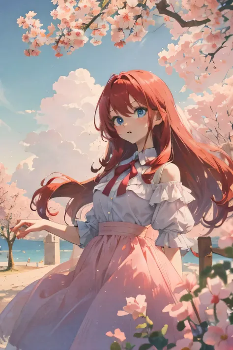 Europe. girl with red hair. The girl has blue eyes. The girl is wearing a pastel pink dress. 