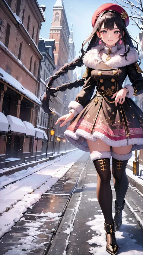 (( top quality )),( super high res),( super detailed ),( detailed description ),(( best CG )),( Best Artwork ), Ultra Precision Art, amazing painting art,(Exquisite art:1.5), Woman walking on a snowy road, smile, Fur Half Coat ,  pink,  mini flare skirt, B...