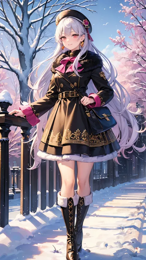 (( top quality )),( super high res),( super detailed ),( detailed description ),(( best CG )),( Best Artwork ), Ultra Precision Art, amazing painting art,(Exquisite art:1.5), Woman walking on a snowy road, smile, Fur Half Coat ,  pink,  mini flare skirt, B...