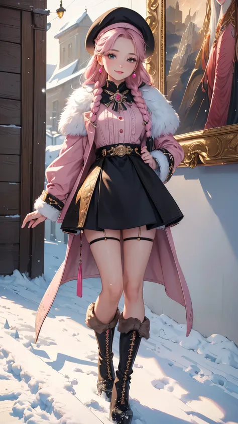 (( top quality )),( super high res),( super detailed ),( detailed description ),(( best CG )),( Best Artwork ), Ultra Precision Art, amazing painting art,(Exquisite art:1.5), Woman walking on a snowy road, smile, Fur Half Coat ,  pink,  mini flare skirt, B...