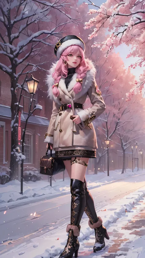 (( top quality )),( super high res),( super detailed ),( detailed description ),(( best CG )),( Best Artwork ), Ultra Precision Art, amazing painting art,(Exquisite art:1.5), Woman walking on a snowy road, smile, Fur Half Coat ,  pink,  mini flare skirt, B...