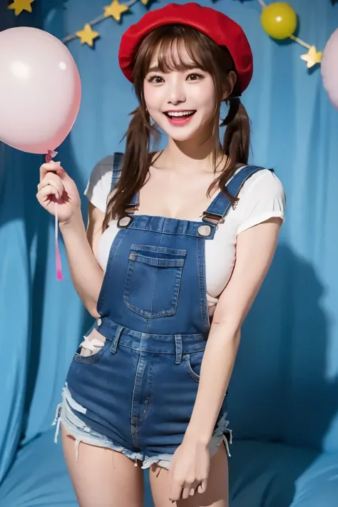 Red beret、 brown hair on one woman、 low twin tails、With bangs、 shows teeth and laughs 、Big Breasts、 slim body、 in a blue denim overalls 、 blue denim shorts、 white knee-high socks 、Emphasize your breasts、Put your hands on your hips 、 and stand in front of a...