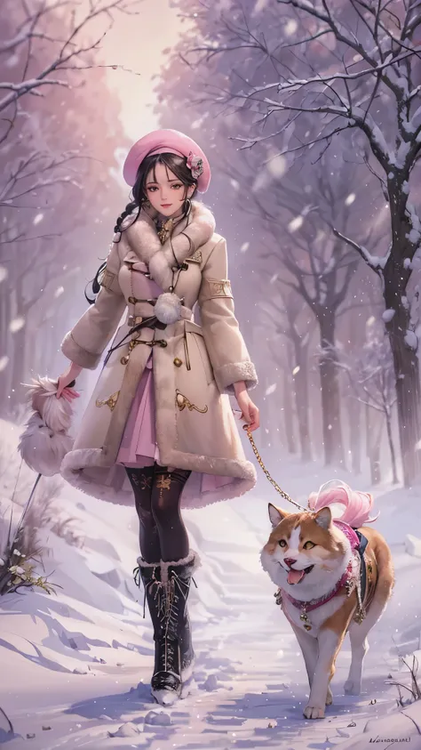 (( top quality )),( super high res),( super detailed ),( detailed description ),(( best CG )),( Best Artwork ), Ultra Precision Art, amazing painting art,(Exquisite art:1.5), Woman walking on a snowy road, smile, Fur Half Coat ,  pink,  mini flare skirt, B...