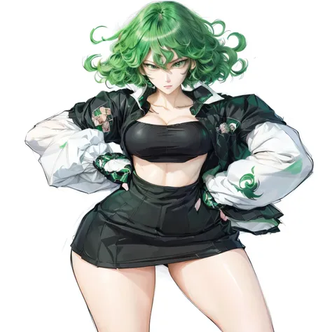 a drawing of a woman with green hair and a black top, tatsumaki from one punch man, tatsumaki, tatsumaki with green curly hair, digital art from danganronpa, marin kitagawa fanart, rogue anime girl, knights of zodiac girl, high quality fanart, high quality...