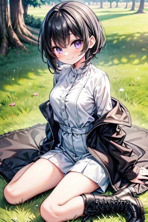 (extremely detailed, 8K resolution, masterpiece, best quality, Moe Art style, safe for work:1.5), 1 cute lady, full body, kneeling on a grass in the park, (shiny black hair shortcuts, shaggy cut):1.4, slender body, (white long-sleeve henley shirt, grey tre...