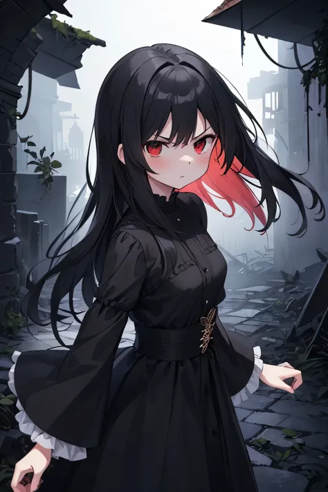  One girl ,Black Hair, long hair, red eyes,dress with black leaves, wearing a black dress, wears a dark atmosphere,dark atmosphere ,こちらを見て is staring, is staring,I have a dark personality , is angry,Black leaf ,Black leaves dancing , Black leaves dancing ,...