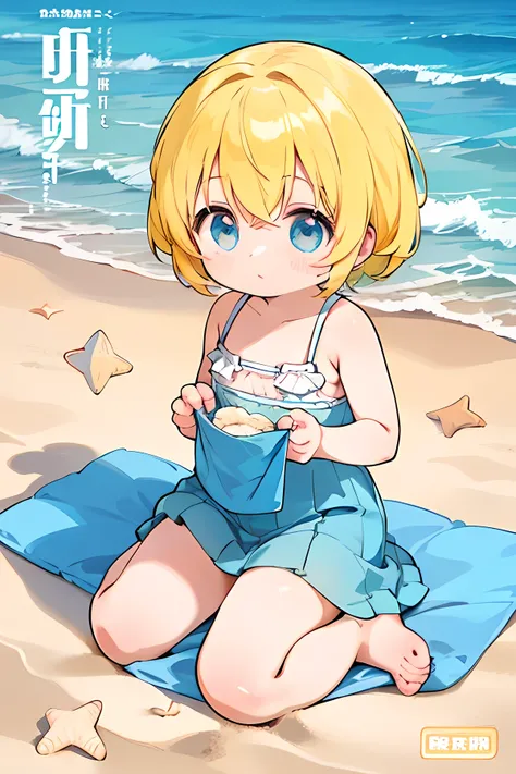 Manga cover A girl blue eyes yellow hair anime illustration kneeling on the sand of the beach looking to wake up title Solara good times volume 1 in Japanese