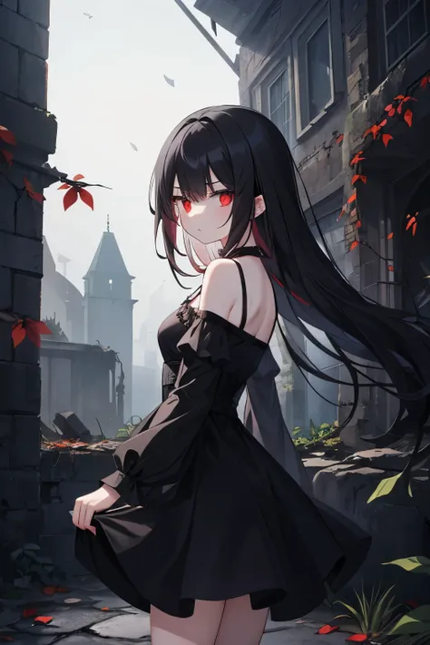  One girl ,Black Hair, long hair, red eyes,dress with black leaves, wearing a black dress, wears a dark atmosphere,dark atmosphere ,こちらを見て is staring, is staring,I have a dark personality , is angry,Black leaf ,Black leaves dancing , Black leaves dancing ,...