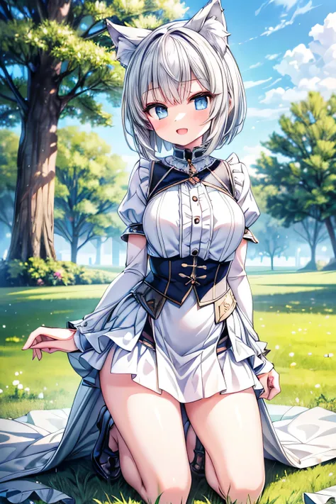 (extremely detailed, 8K resolution, with sharp focus, masterpiece, best quality, Moe Art style, sfw):1.2, 1 cute silver wolf lady, slender full body, kneeling on the grass in the park, detailed skyblue eyes, detailed pupil, extremely contented smile, open ...