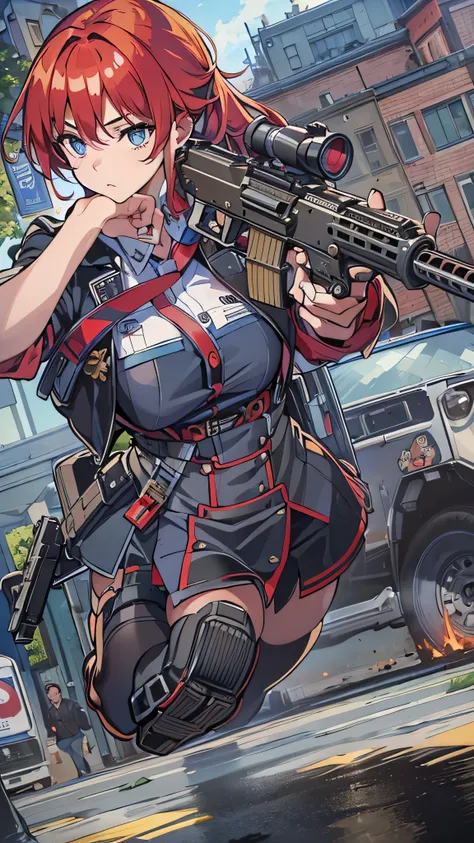  in high-definition images，Strange resolution ,  high res, (masterpiece: 1.4),  super detailed ,  A young woman with red hair dressed as a police officer , Street Fight ,  sticks out in front of her body and shoots a machine gun。