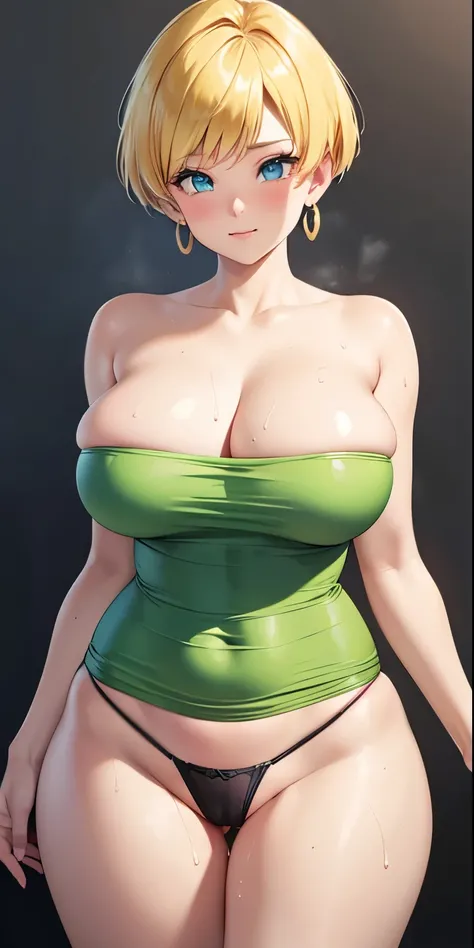 1 Female,High definition,high resolution,Ultra-realistic,8K,erasa, blonde hair,earrings, (green shirt), striped, strapless, cleavage, black thong,European,sexy,Photographed from the front,Dynamic Angles,blush,big tits, cute face, facial, sweat, perfect fac...