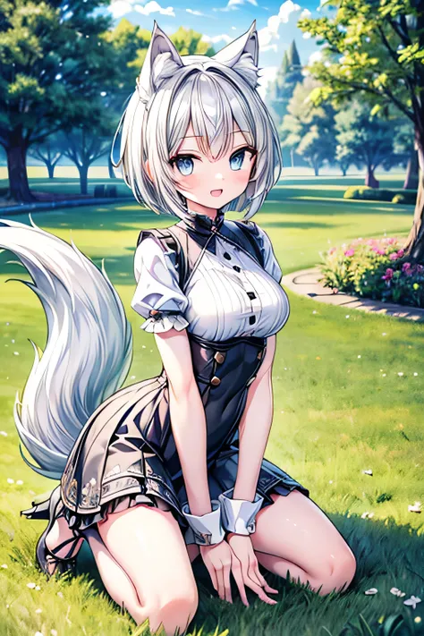(extremely detailed, 8K resolution, with sharp focus, masterpiece, best quality, Moe Art style, sfw):1.2, 1 cute silver wolf lady, slender full body, kneeling on the grass in the park, detailed skyblue eyes, detailed pupil, extremely contented smile, open ...